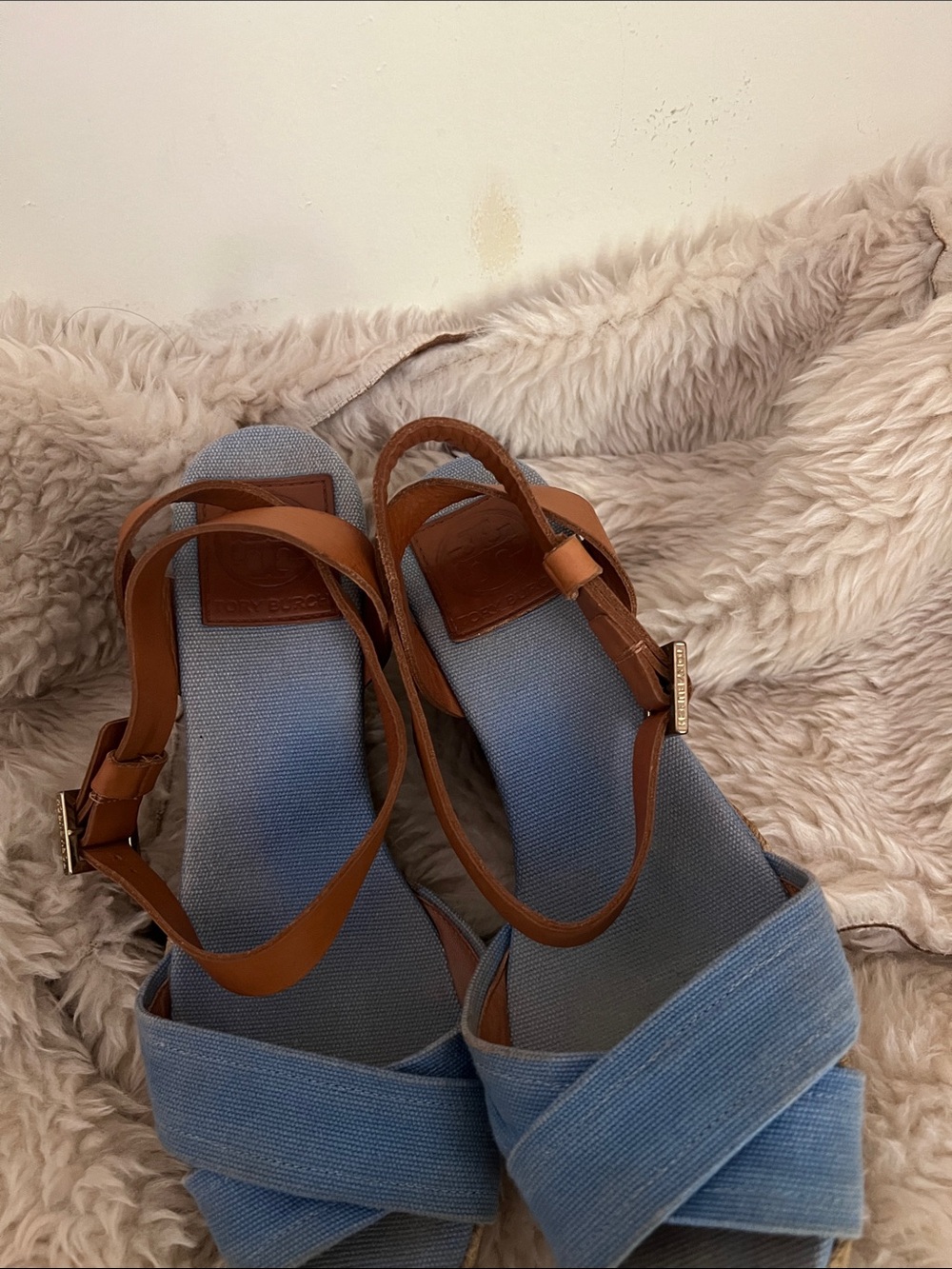 Tory Burch Blue Fabric Espadrille Wedge Sandals with Tan Straps - Picture 6 of 9